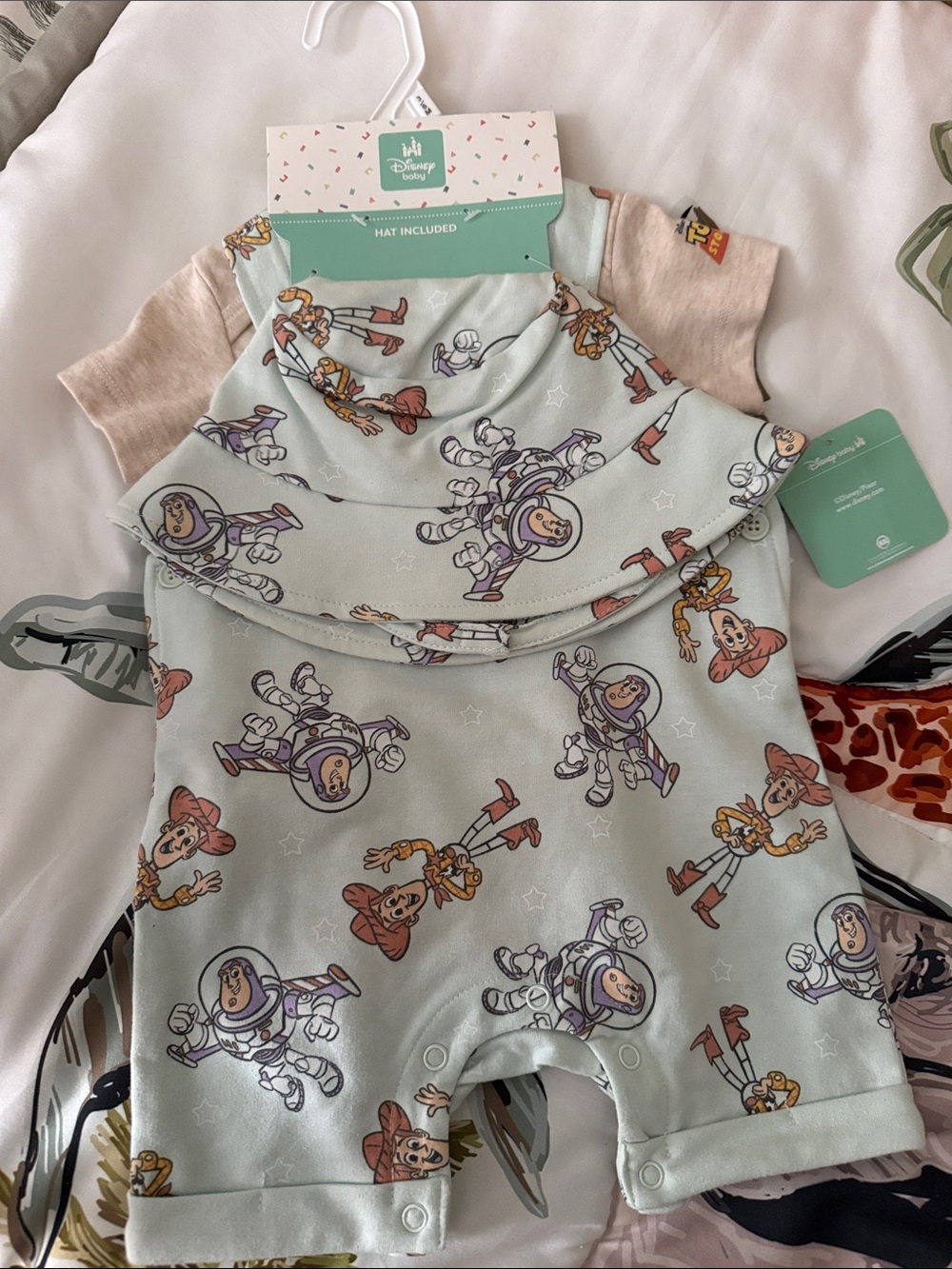 Disney Baby Toy Story Romper & Hat Set - Mint with Purple, Brown, Yellow Accents